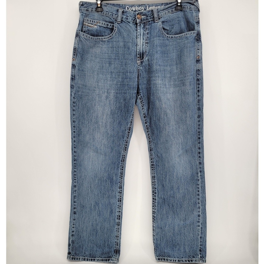 Cowboy Legend Mens Straight Leg Embroidered Pocket Jeans Blue Medium Wash 36x30